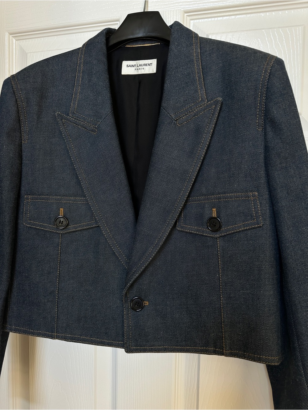Saint Laurent Dark Blue Cropped Denim Blazer - Picture 4 of 16